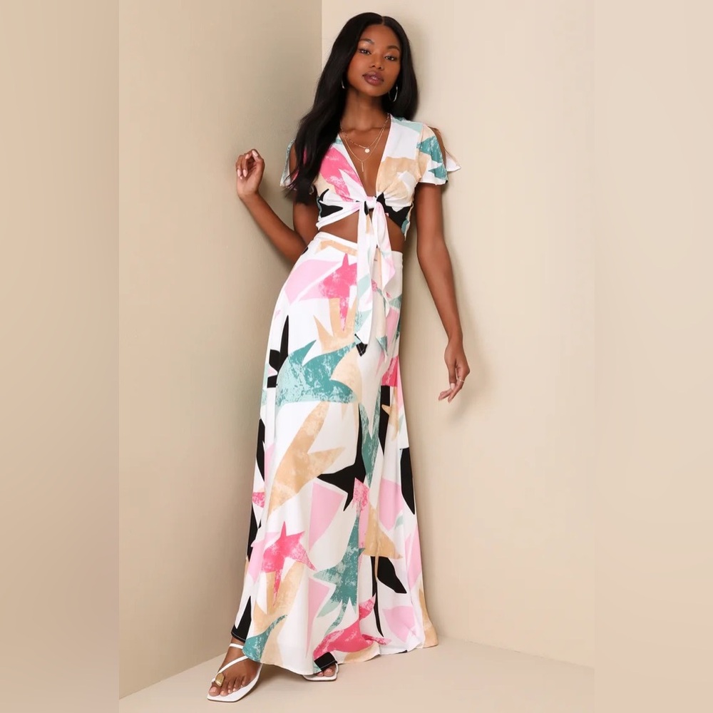 Lulus Daydreaming Multicolored Print Two-Piece Maxi Skirt Tie front Top medium